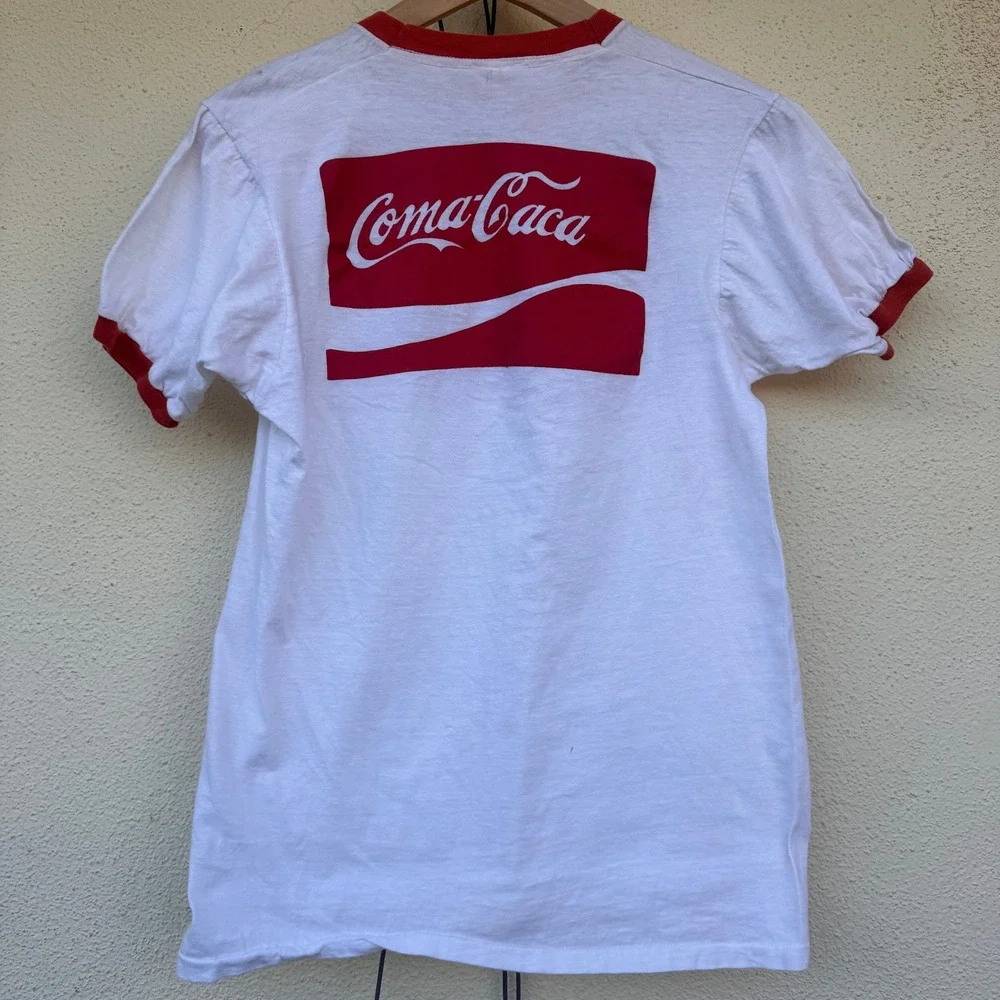 Vintage 60s Coma Caca Coca Cola Parody Ringer T-Shirt Graphic Tee Mens Medium